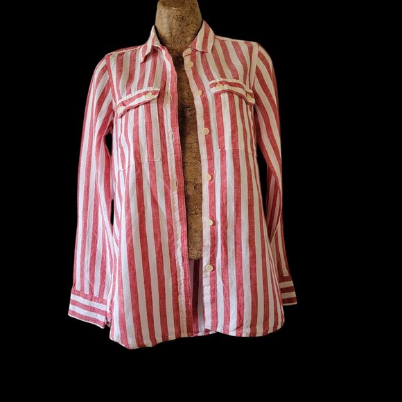 J Crew Linen Red & White Striped Button-Up Long Sleeve Shirt With Chest Pockets - Picture 1 of 11